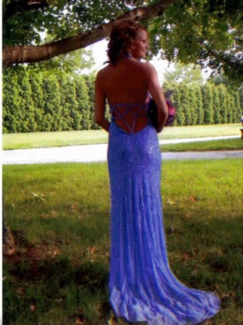 Lavender Beaded Halter Back Evening Gown